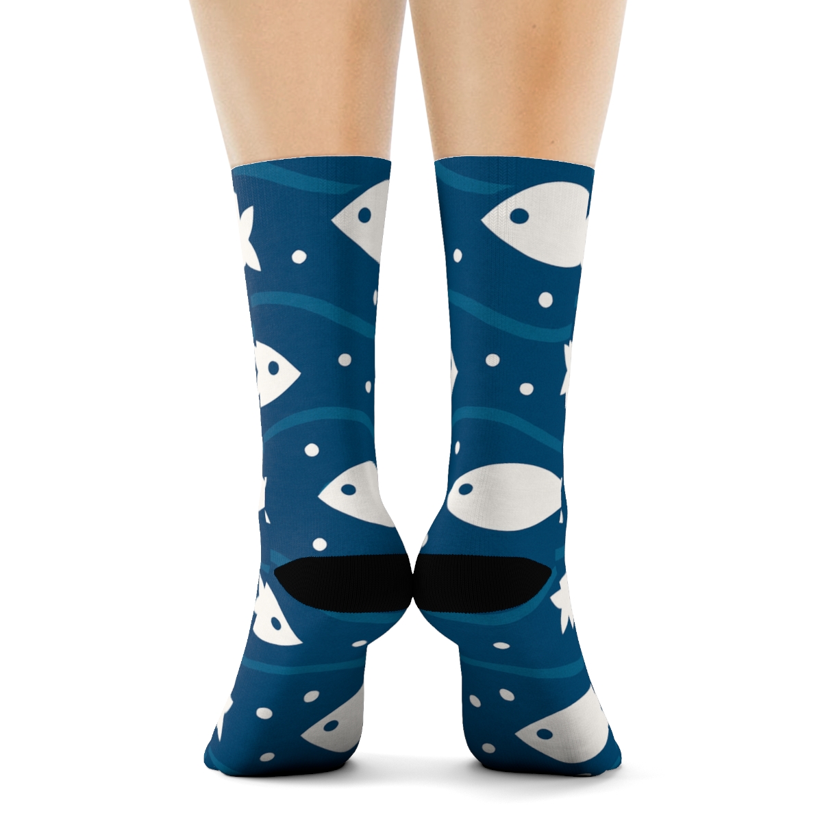 Cerulean Current With Fish Silhouettes premium sports crew socks