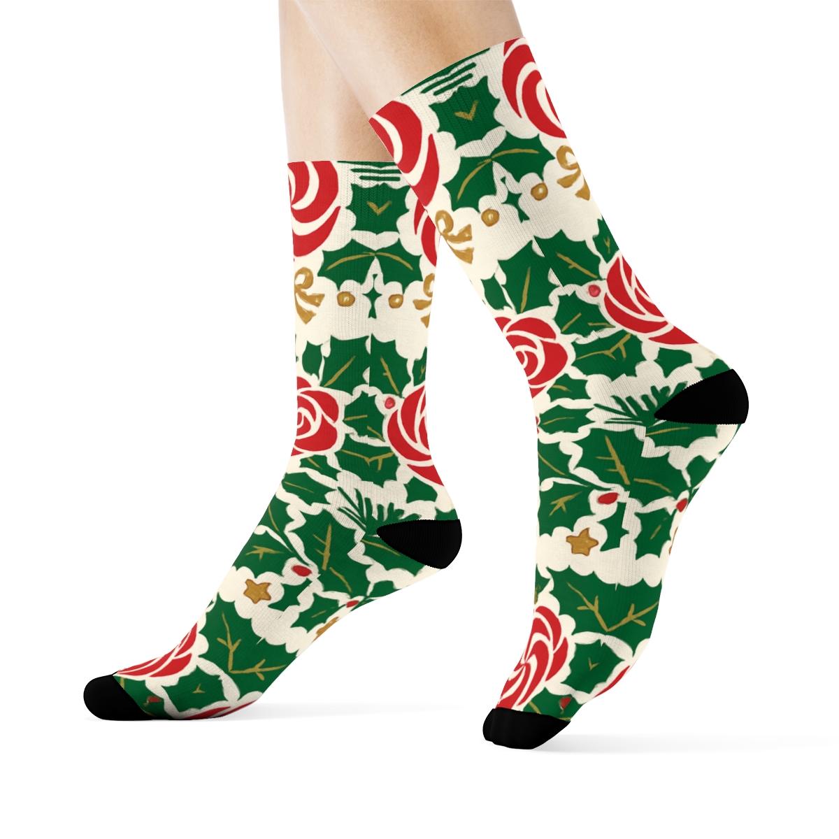 Candy Cane Rose Garland Stripe Repeat On Ivory Background personalized crew socks