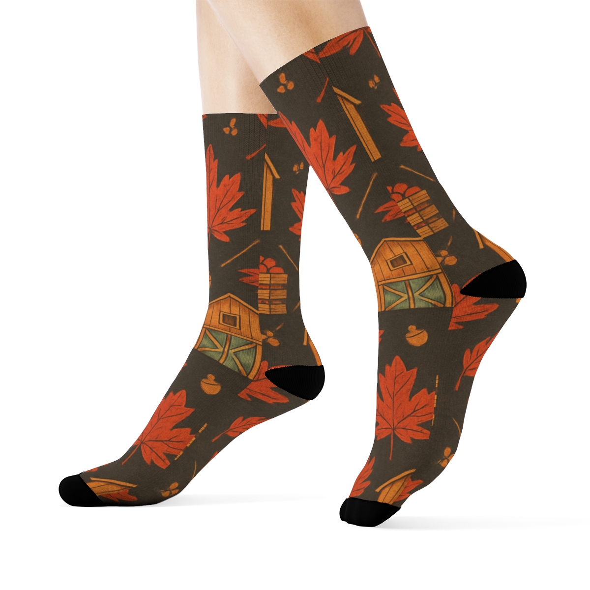 Rustic Harvest Barn And Leaf Lattice On Charcoal Background premium sports crew socks