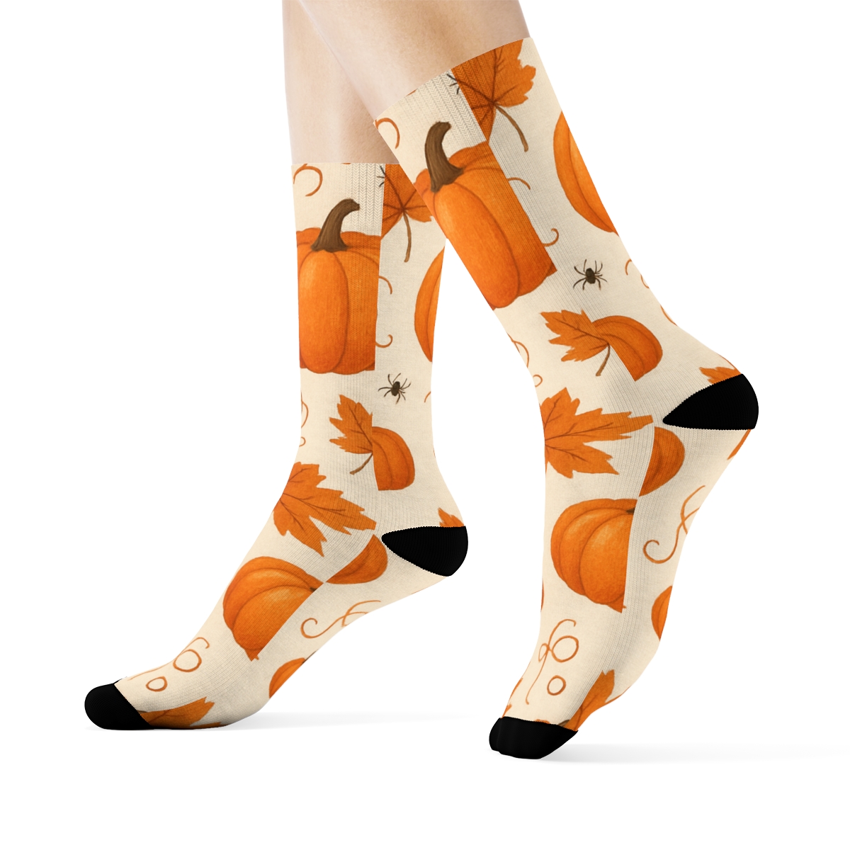 Orange Autumn Leaf And Pumpkin Scatter On Proper Neutral Background custom crew socks