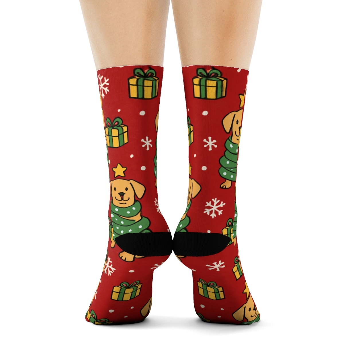 Dog Christmas Tree Wrap Repeat On Red Background comfortable cotton crew socks