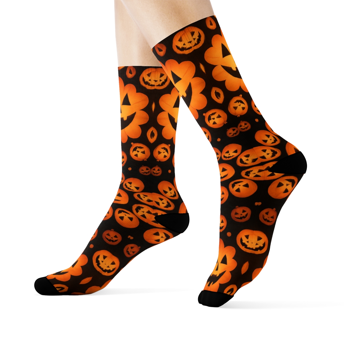 Glowing Jack O Lantern Rosette Tiles On Black Background custom crew socks