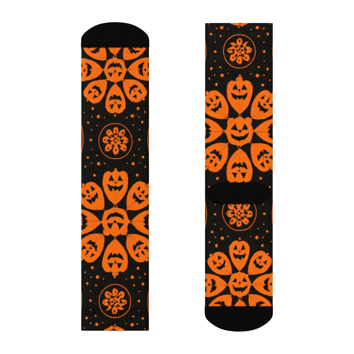 Orange Jack O Lantern Starburst Medallions On Black Background custom crew socks