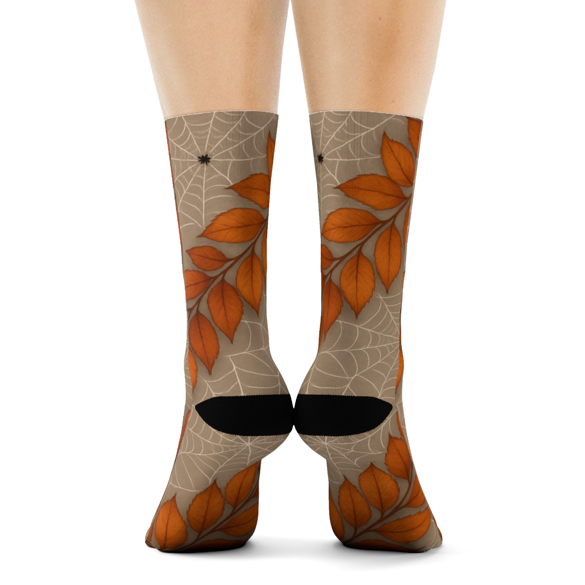 Autumn Leaf And Spider Web Diagonal Weave On Neutral Background custom crew socks
