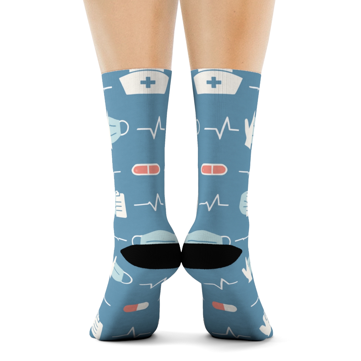 Heart Monitor Wave Pattern With Nurse Icons comfortable cotton crew socks