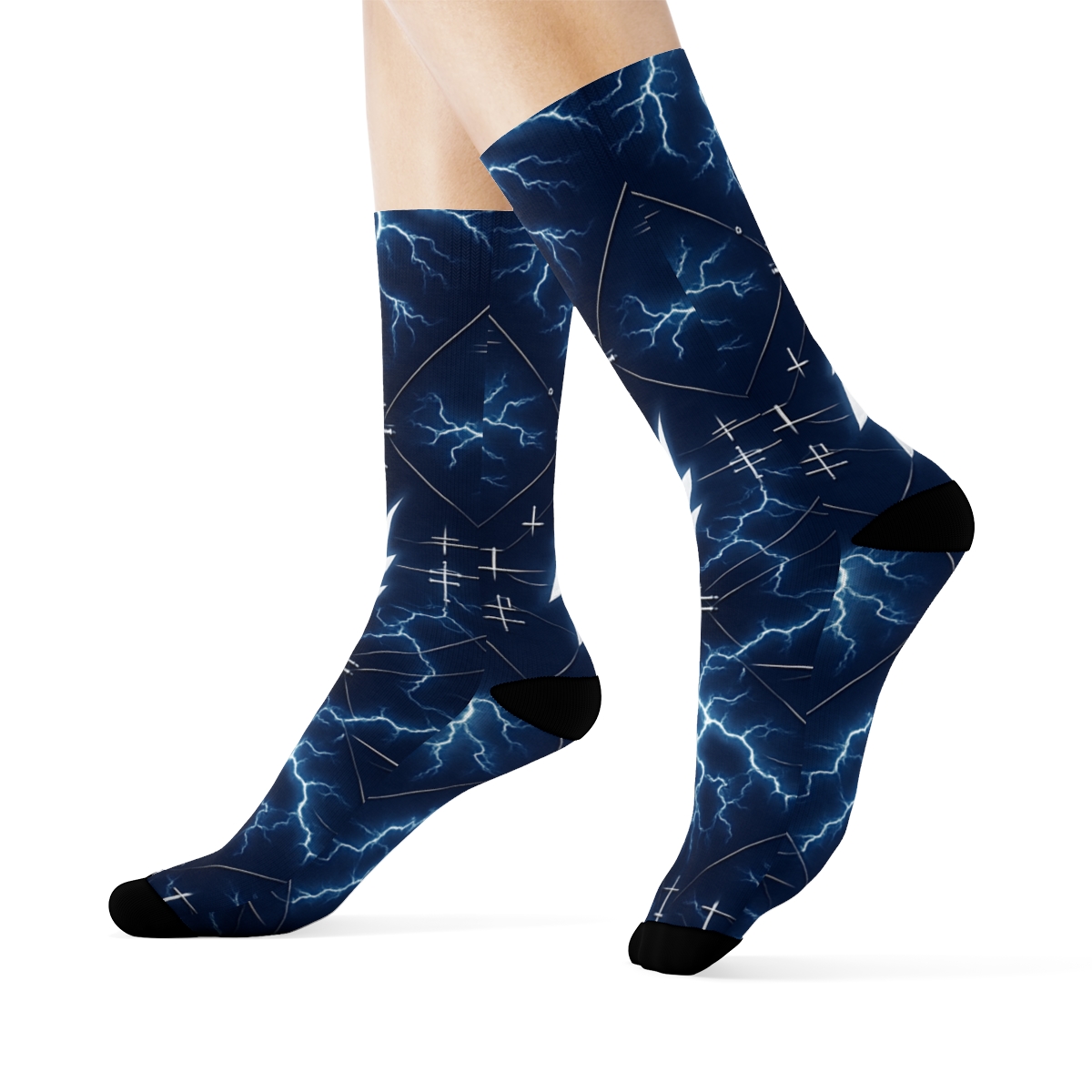 Indigo Conductor Lattice Lightning Collage designer printed crew socks