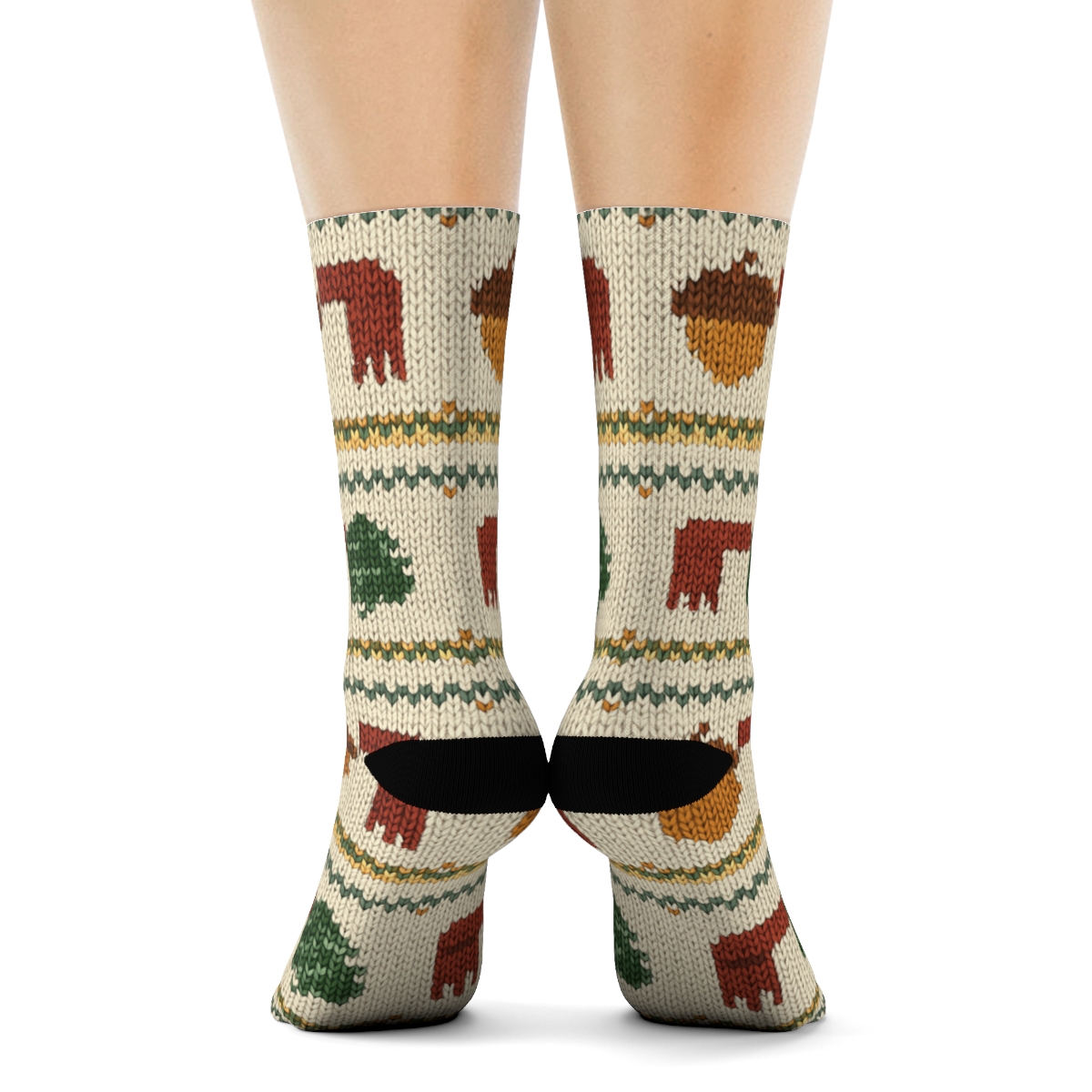 Knitted Mug And Acorn Fair Isle On Creamy Beige Background trendy patterned crew socks
