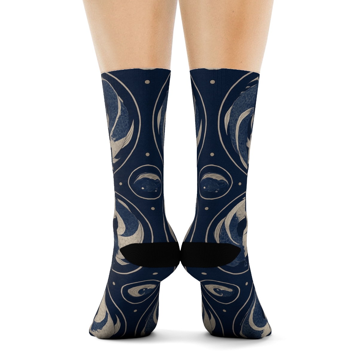 Dual Koi Circle Progression On Deep Indigo designer printed crew socks