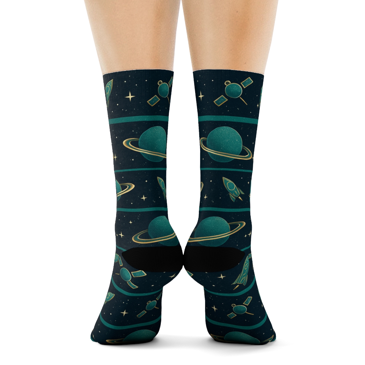 Ionized Teal Orbital Bands On Deep Navy Background unique graphic crew socks