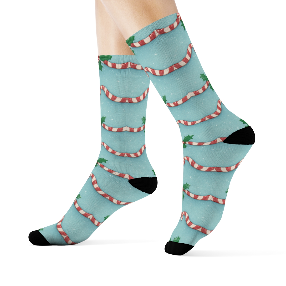 Candy Canes Garland Chains On Icy Blue unique graphic crew socks