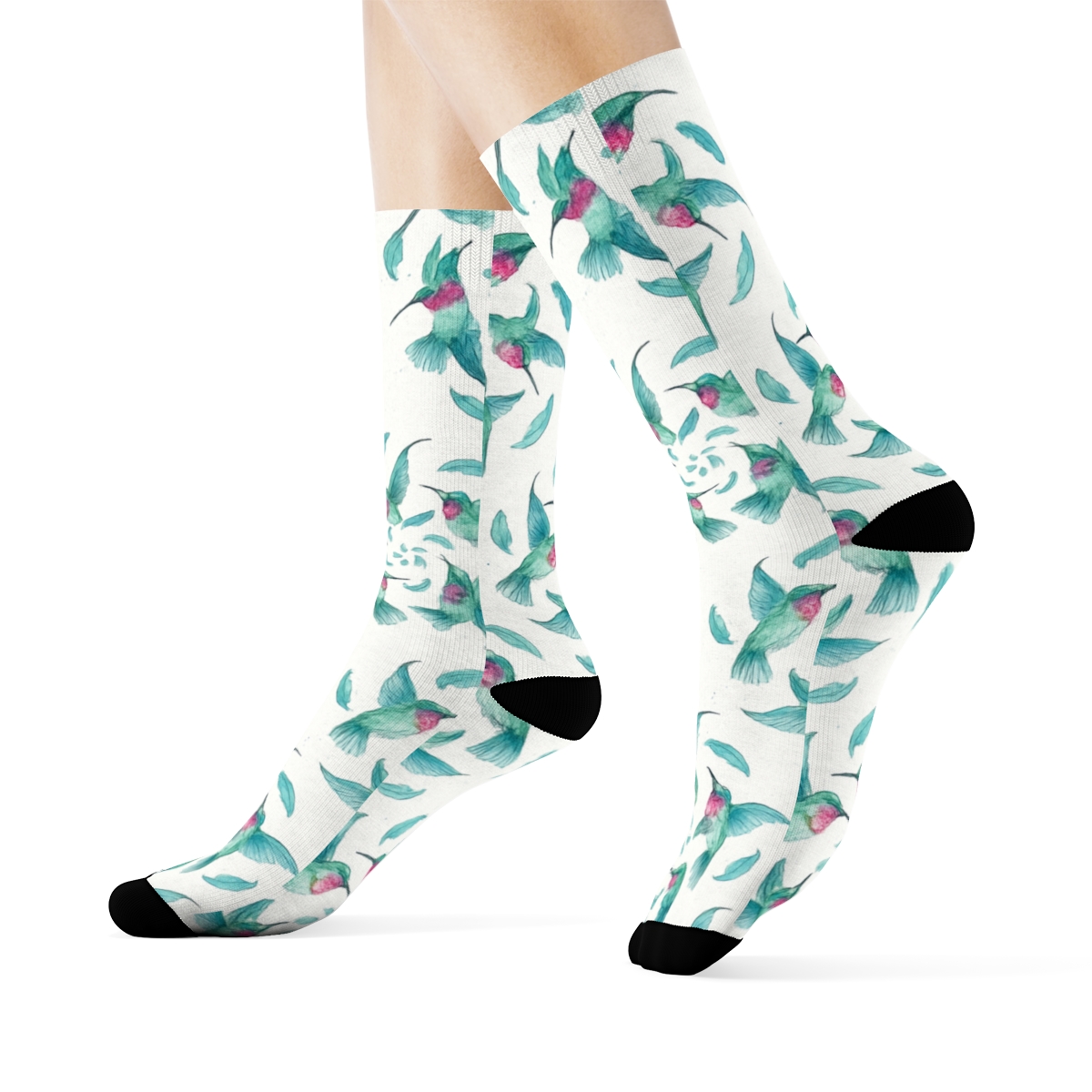 Watercolor Hummingbird Spiral Rosettes On White Background unique graphic crew socks