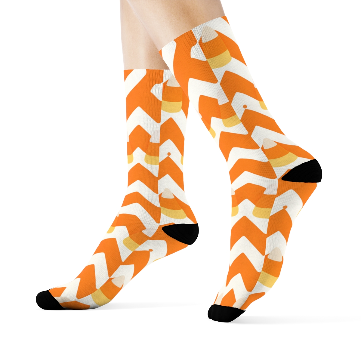 Orange Candy Corn Zigzag Lattice On White Background trendy patterned crew socks