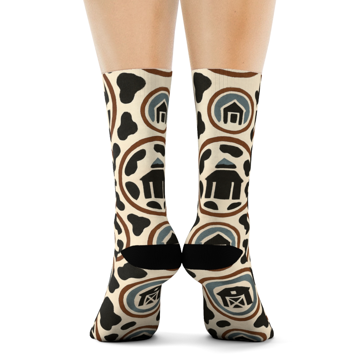 Retro Dairy Label Medallions With Cow Spot Halo custom crew socks