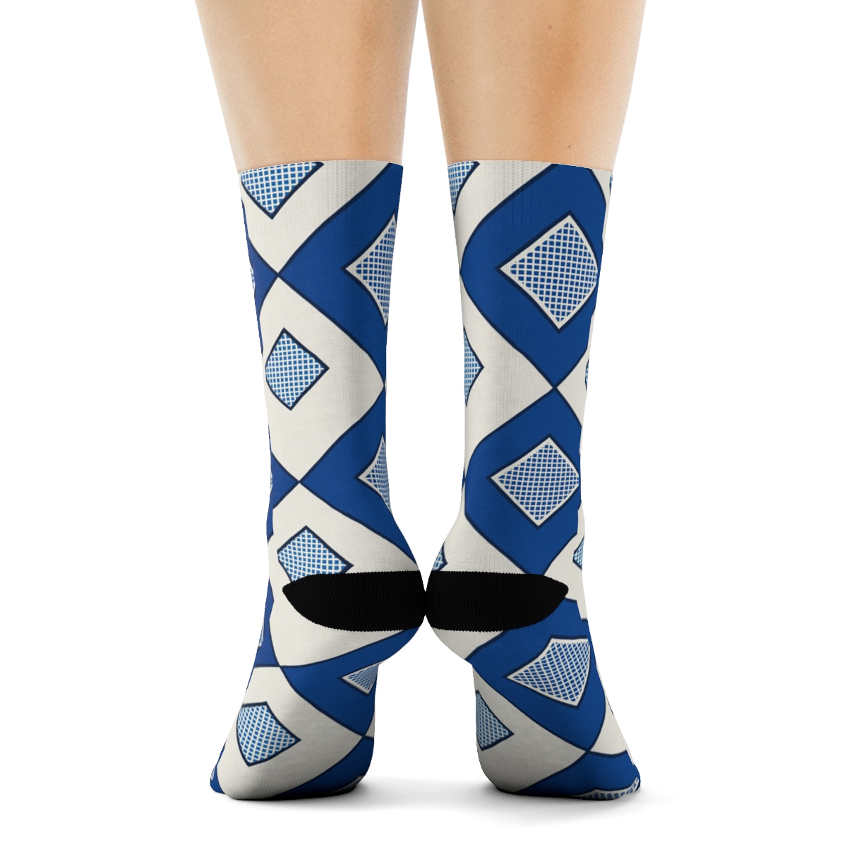 Cobalt And Ivory Diagonal Diamond Check With Nested Micro Check Insets trendy patterned crew socks