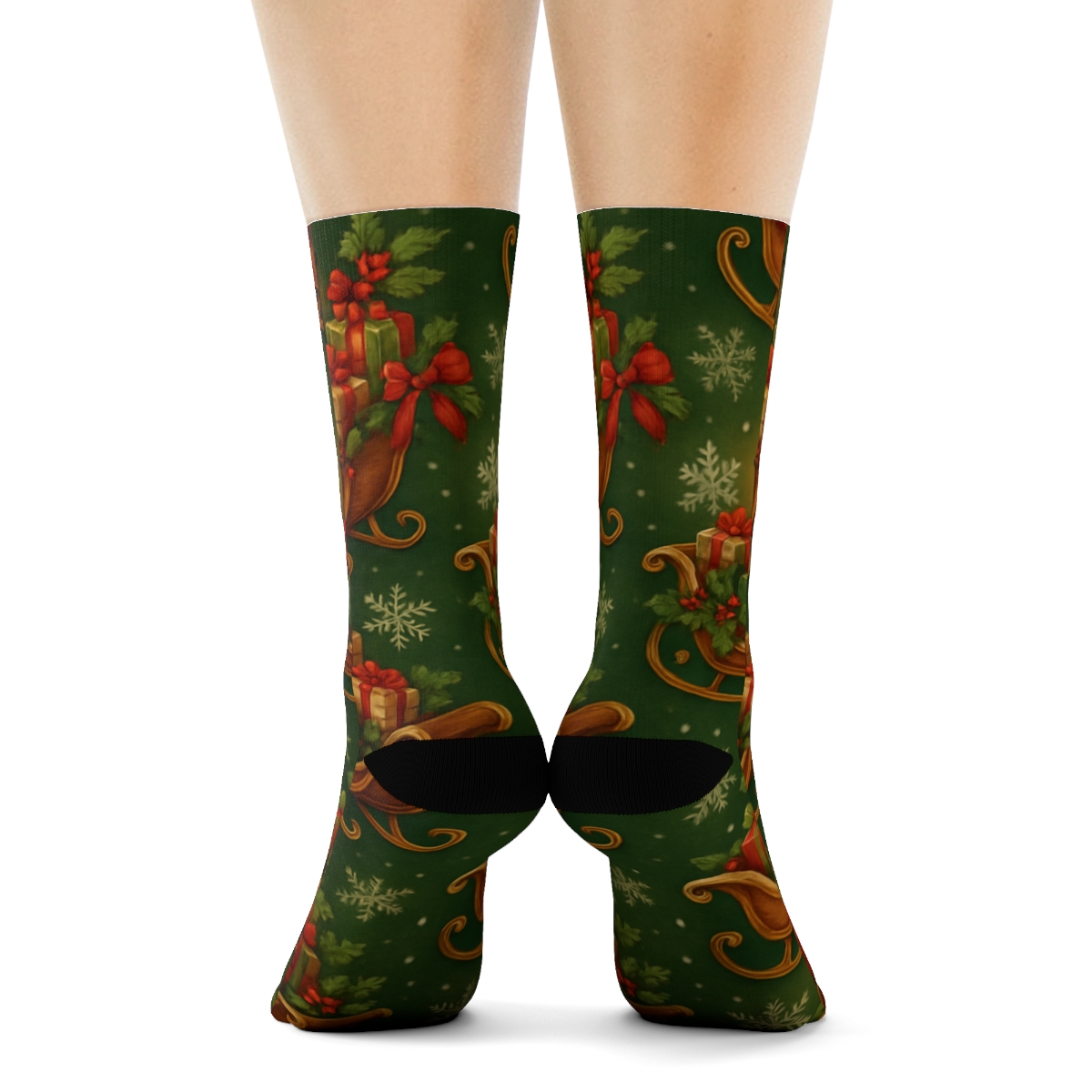 Lantern-Lit Snowfield Sleigh-Collage Tapestry trendy patterned crew socks