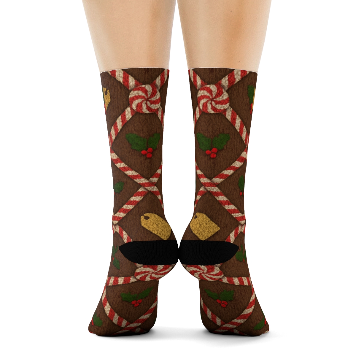 Candy Canes Knit Illusion Lattice On Cocoa Brown personalized crew socks