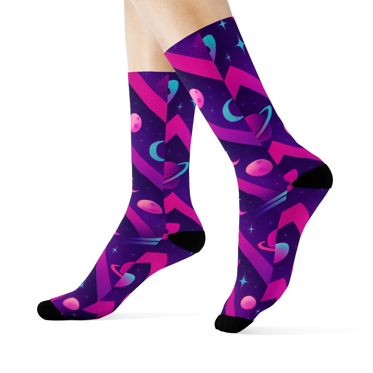 Neon Retro Rocket Chevron On Cosmic Purple Gradient trendy patterned crew socks