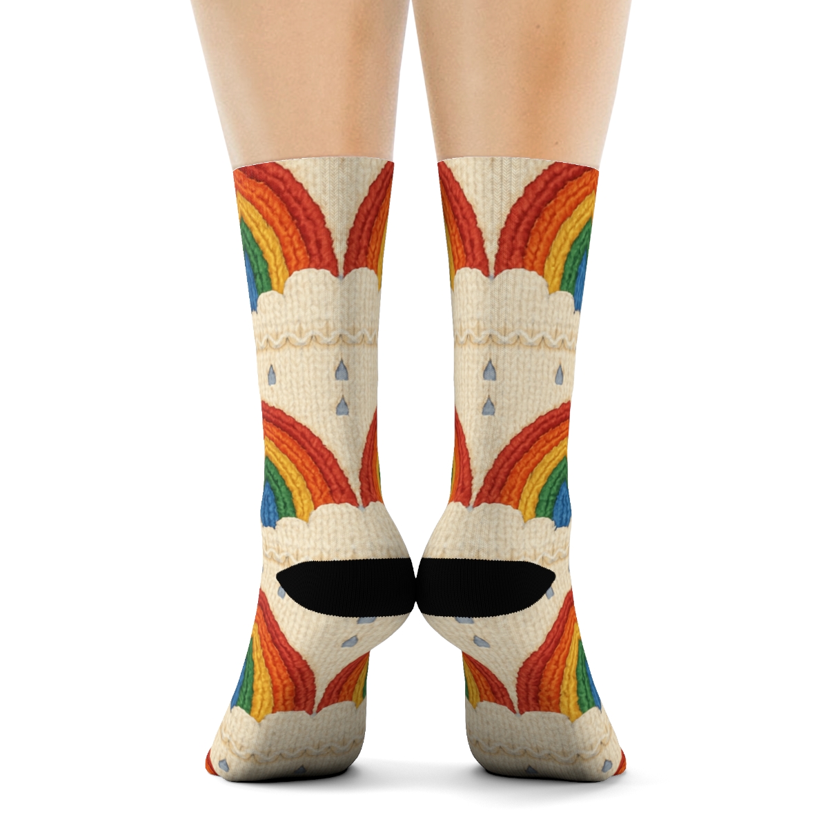 Rainbow Cable Knit Illusion With Cloud Edges unique graphic crew socks