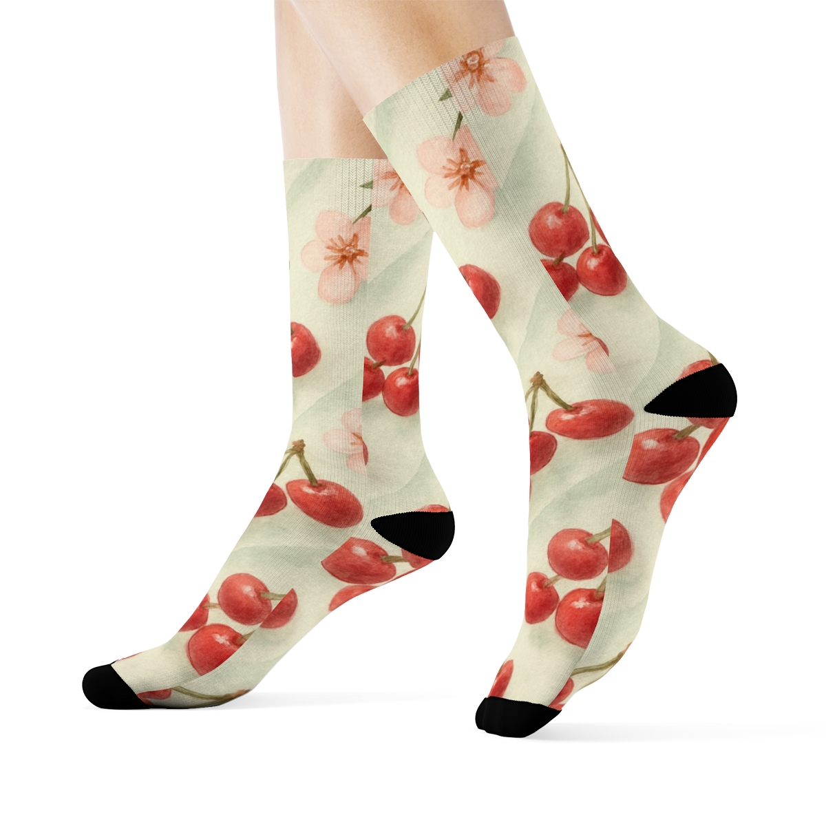 Diagonal Cherry Cluster Bands On Mint designer printed crew socks