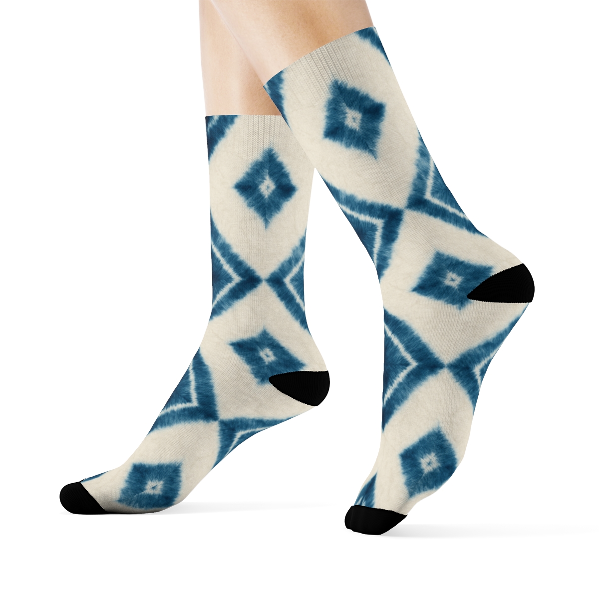 Indigo Shibori Diamond March On Ivory Field designer printed crew socks