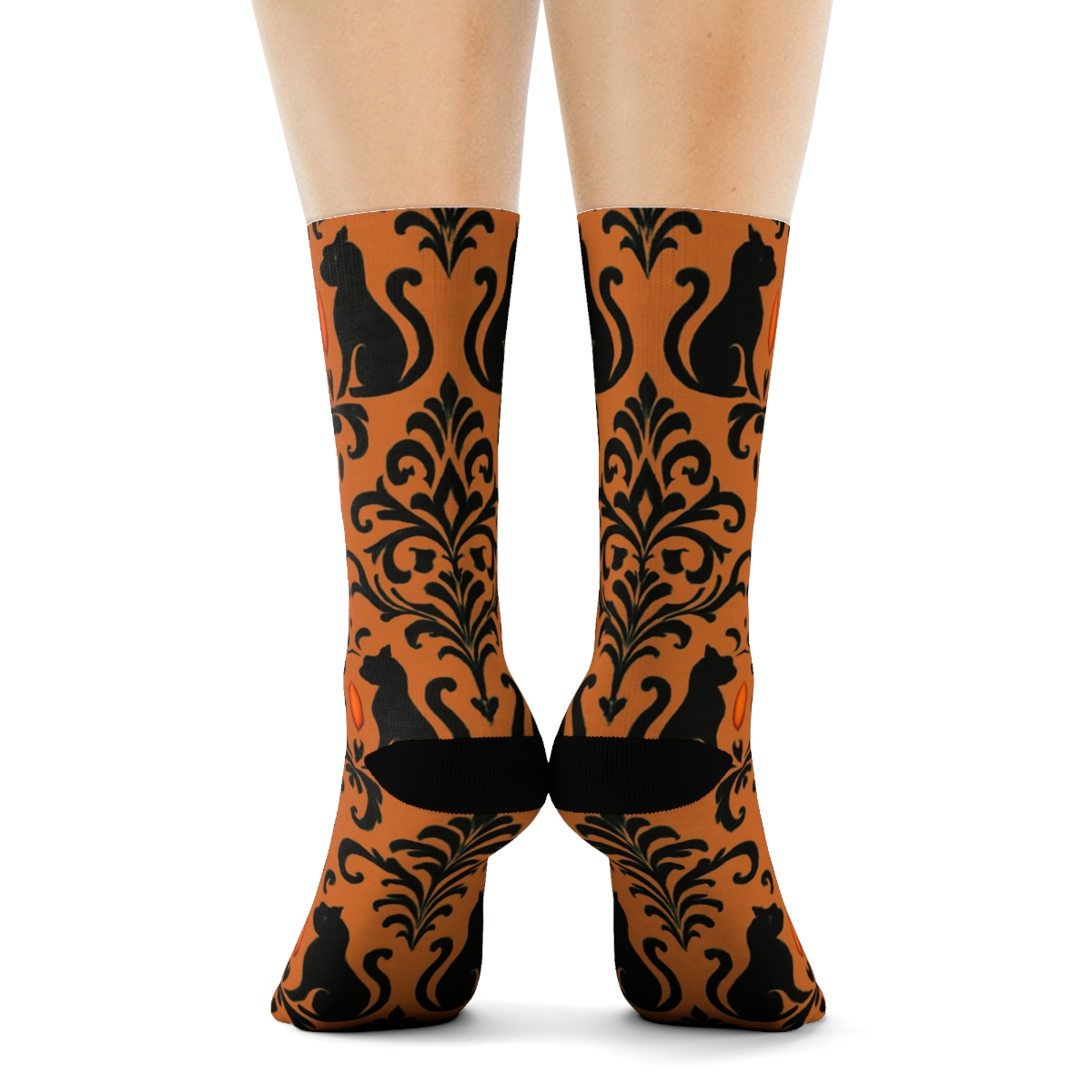 Black Cat And Pumpkin Medallion Damask On Orange Background custom crew socks