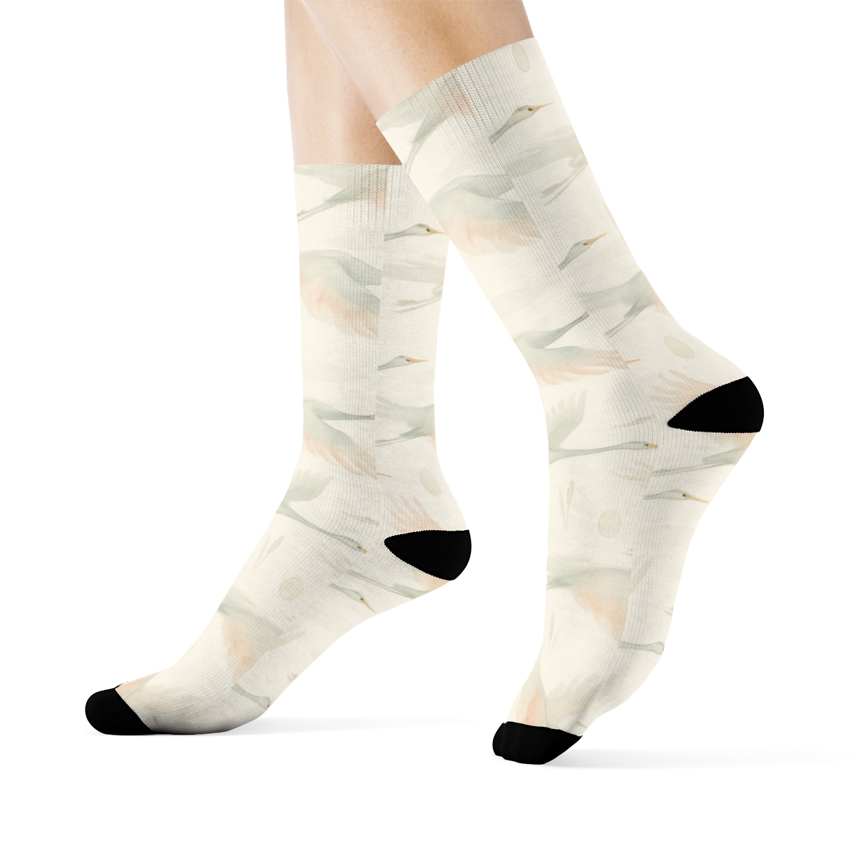 Aurora Crane Migration Bands On Soft Ivory comfortable cotton crew socks