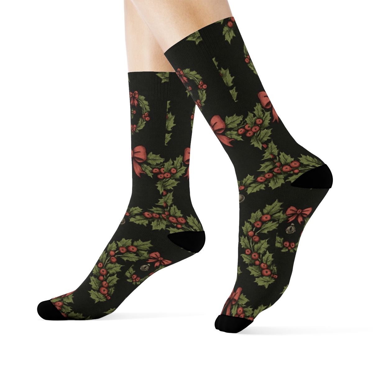 Vintage Holly And Berry Poster Look With Wreath Array soft everyday crew socks