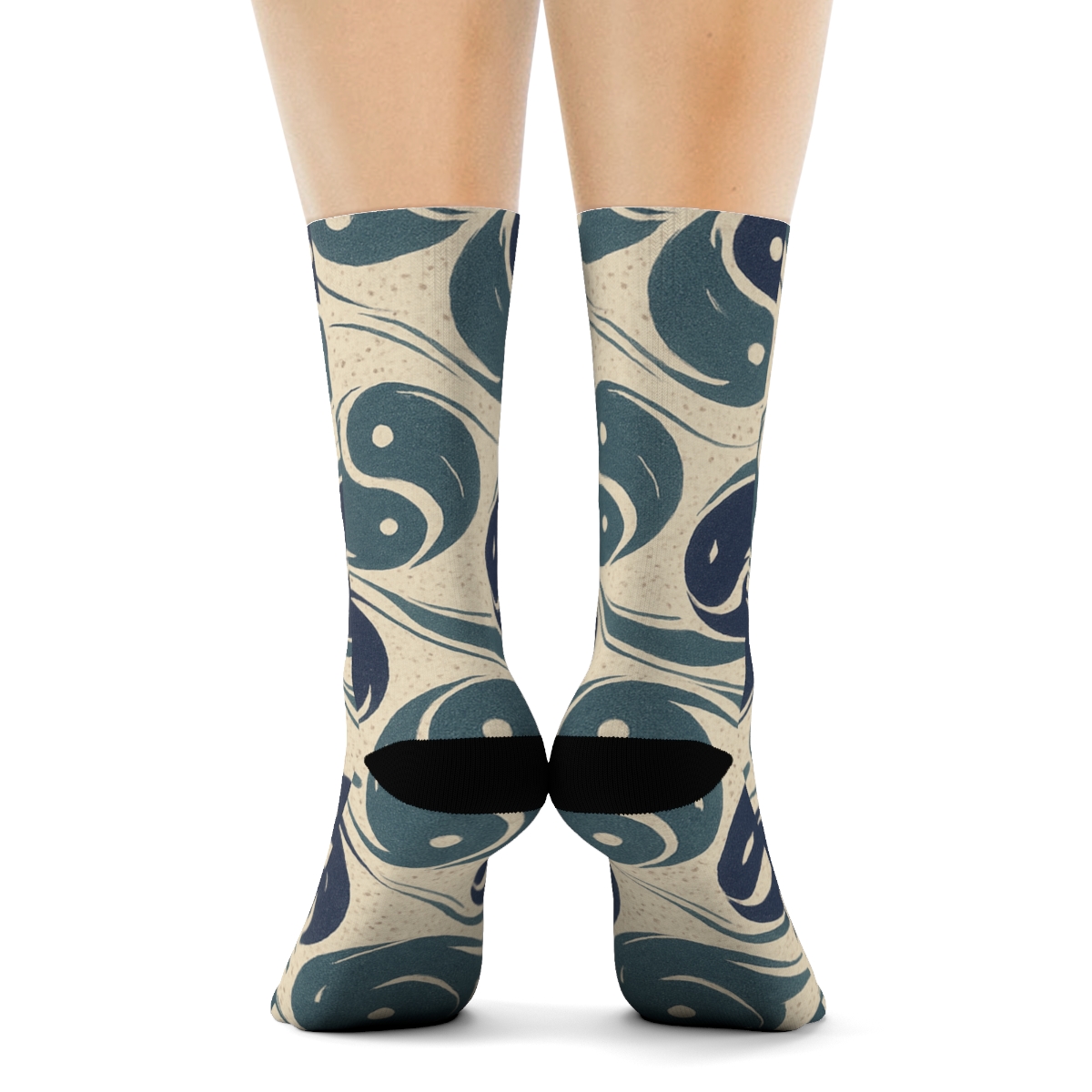 Indigo Koi Duality Waves On Pale Cream personalized crew socksIndigo Koi Duality Waves on Pale Cream Crew Socks - Image 4