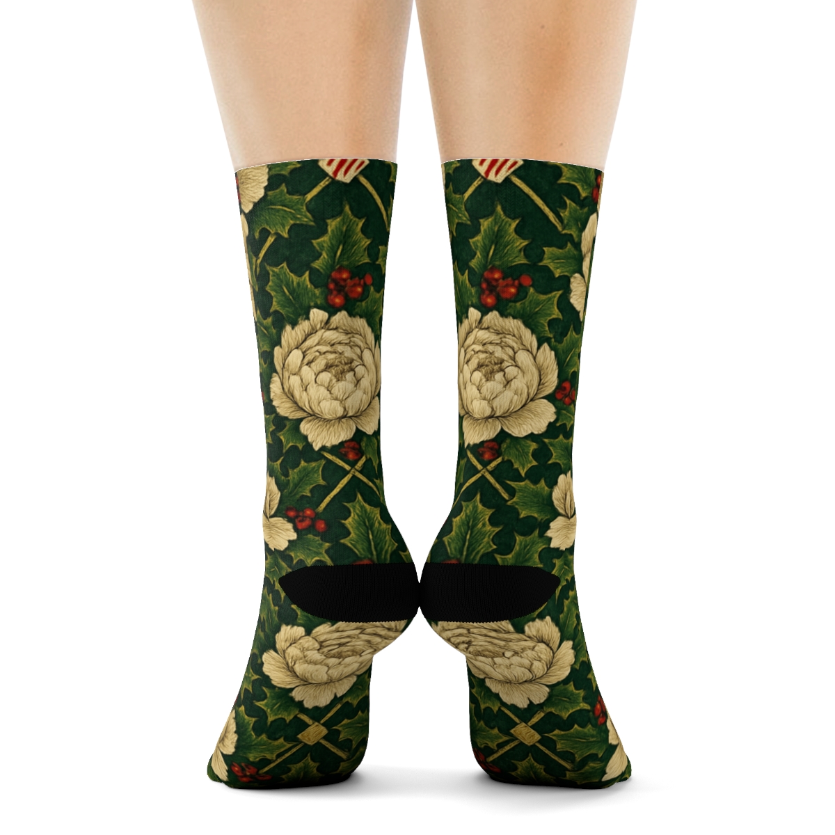 Holly Peony Lattice On Midnight Green Background personalized crew socks