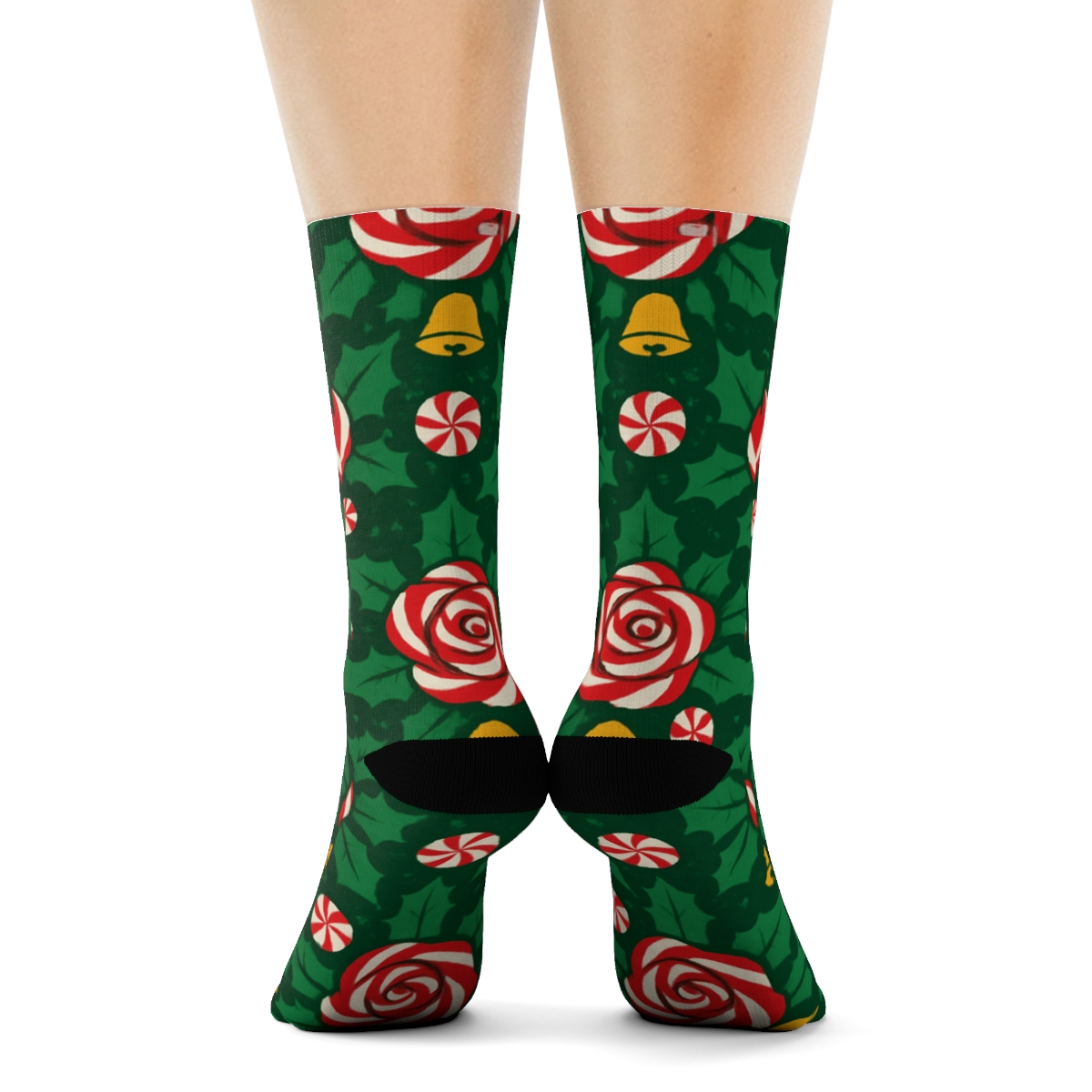 Candy Cane Rose Lattice On Deep Evergreen Background soft everyday crew socks