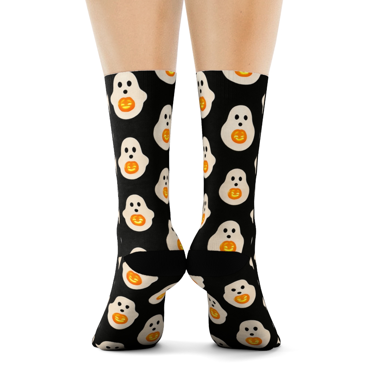 Ghost Silhouette Polka Dots With Pumpkin Centers On Black Background soft everyday crew socks