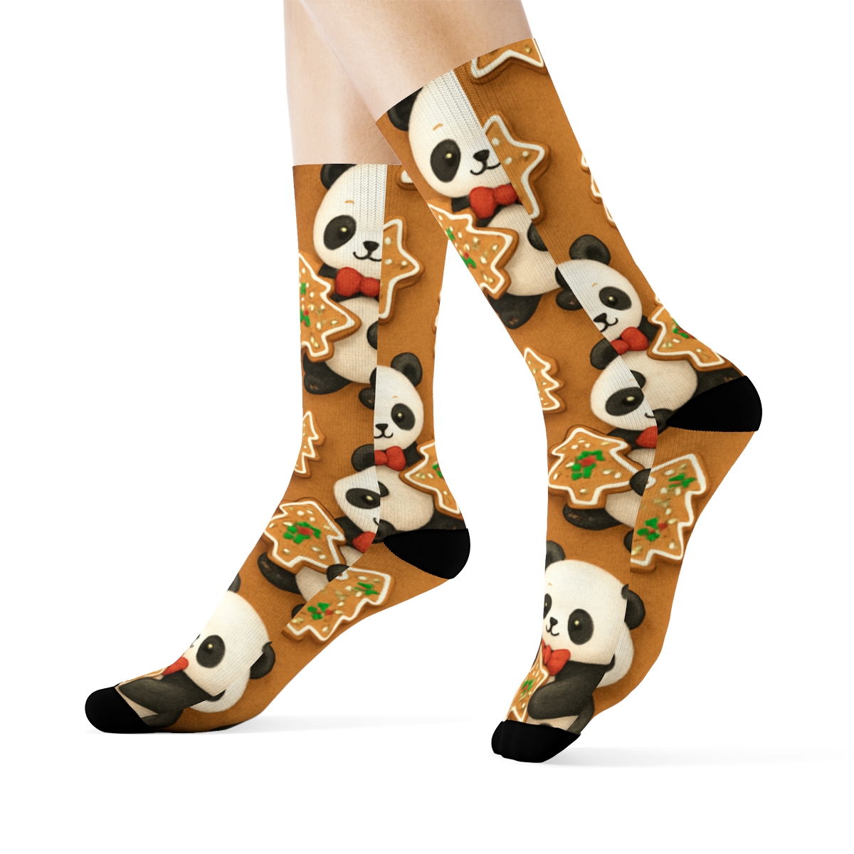 Gingerbread Panda Scatter On Warm Brown Background premium sports crew socks