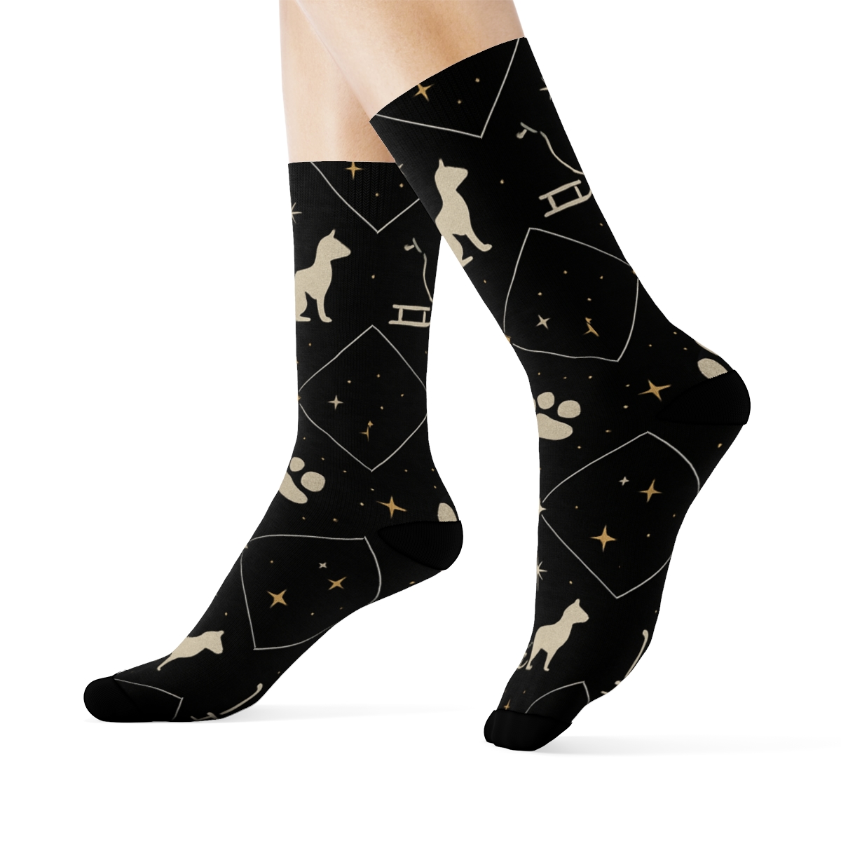 Midnight Sleigh Pawprint Lattice On Black Background trendy patterned crew socks