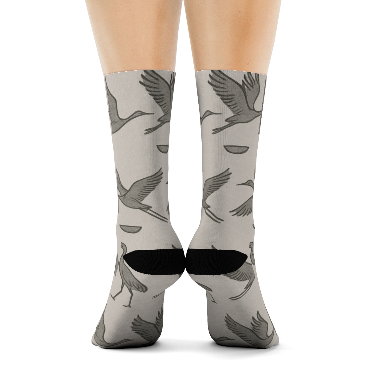 Crane Silhouette Wave March On Soft Gray Background trendy patterned crew socks