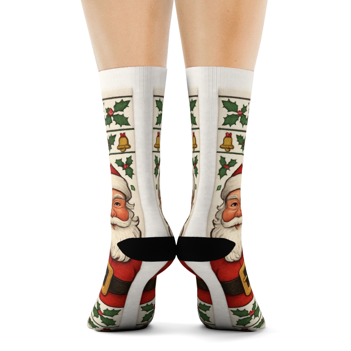 Santa Spotlight Mirrored Pair On White Background trendy patterned crew socks