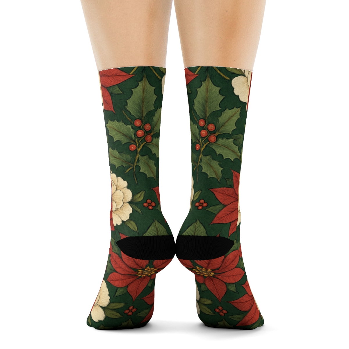 Crimson Poinsettia Peony Lattice On Pine Green Background personalized crew socks