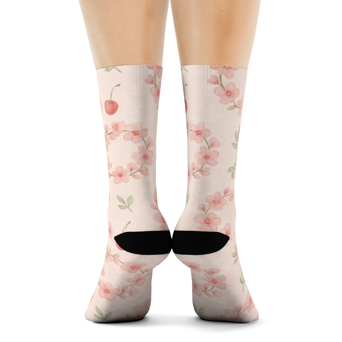 Watercolor Cherry Blossom Wreath Repeat On Pale Pink unique graphic crew socks