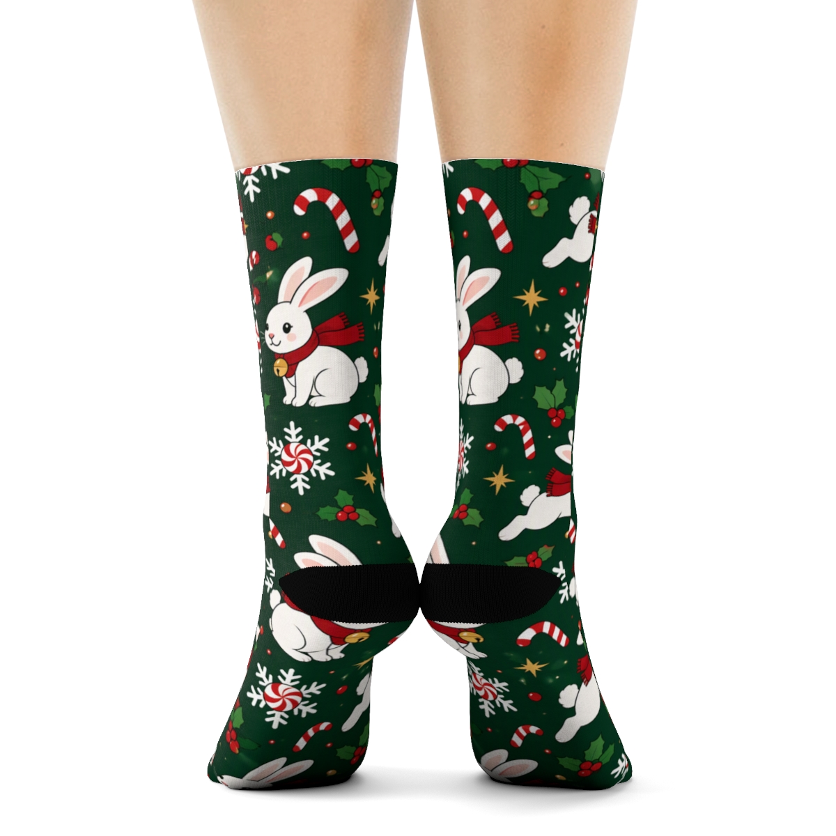 Peppermint Rabbit Snowflake Hop Tessellation On Evergreen Background personalized crew socks [AI-35129f4a-f0d1dbfd35d5]