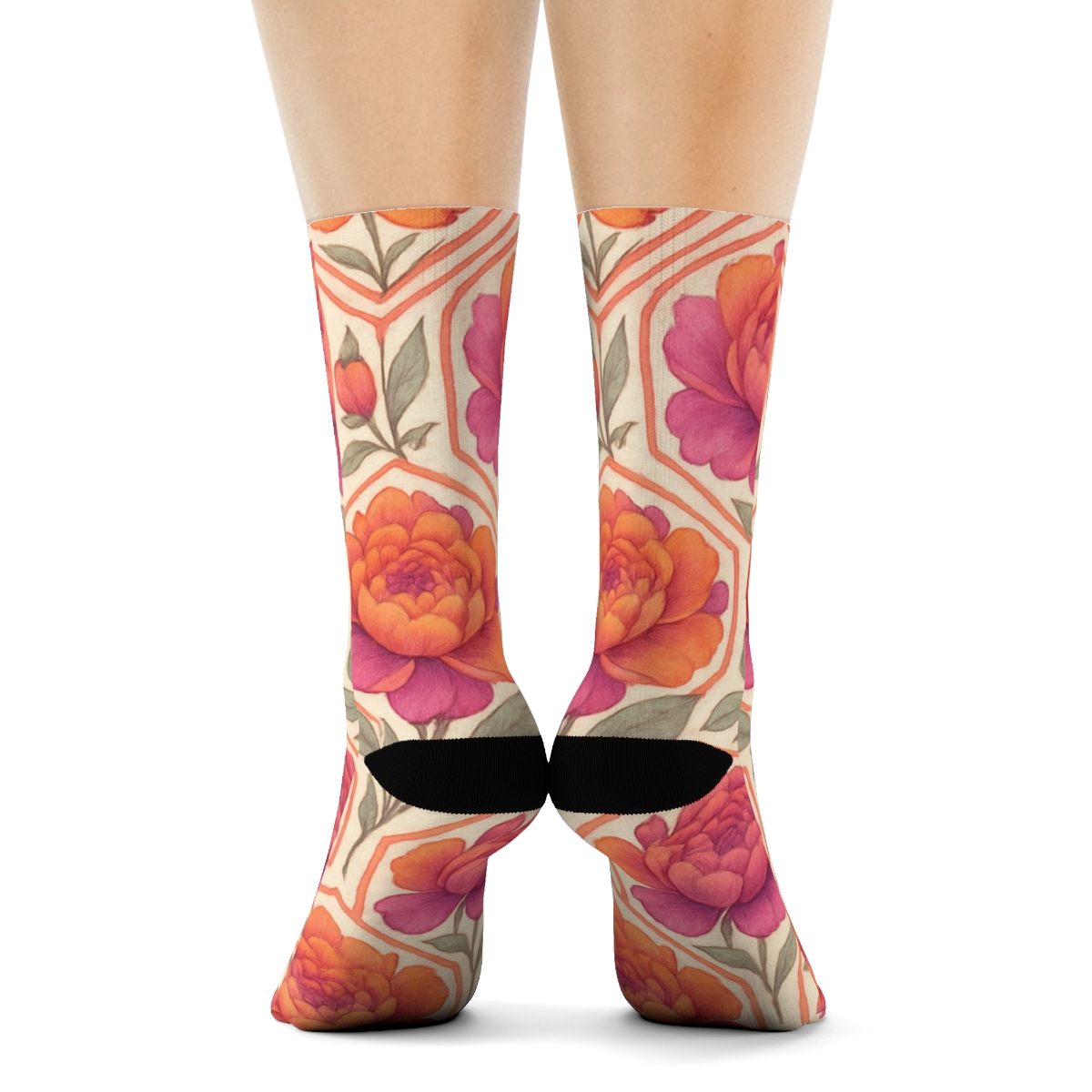 Sunset Peony Medallion Tiles On Ivory Background premium sports crew socks