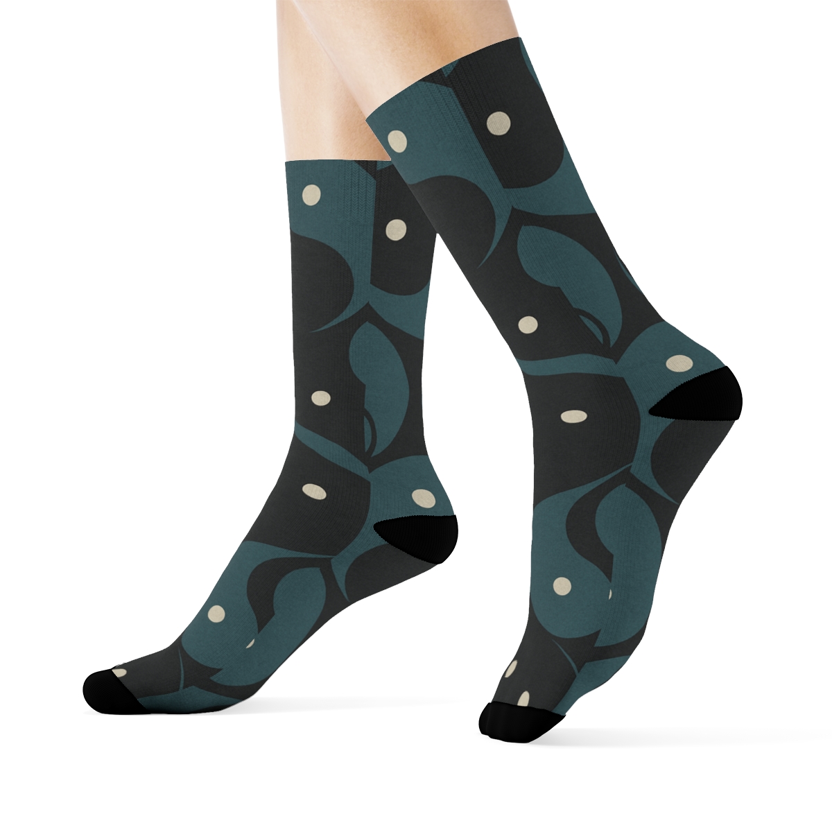 Charcoal And Muted Teal Interlocking Teardrop Tile designer printed crew socks