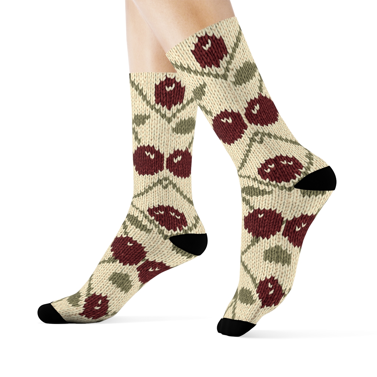 Knitted Illusion Cherry Lattice On Cream designer printed crew socks