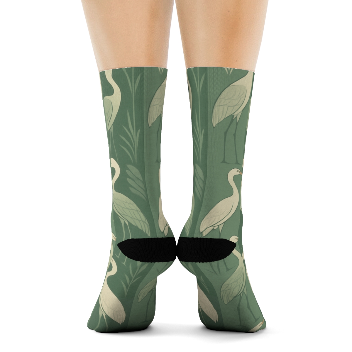 Cranes In Reeding Stripes On Misty Green designer printed crew socks