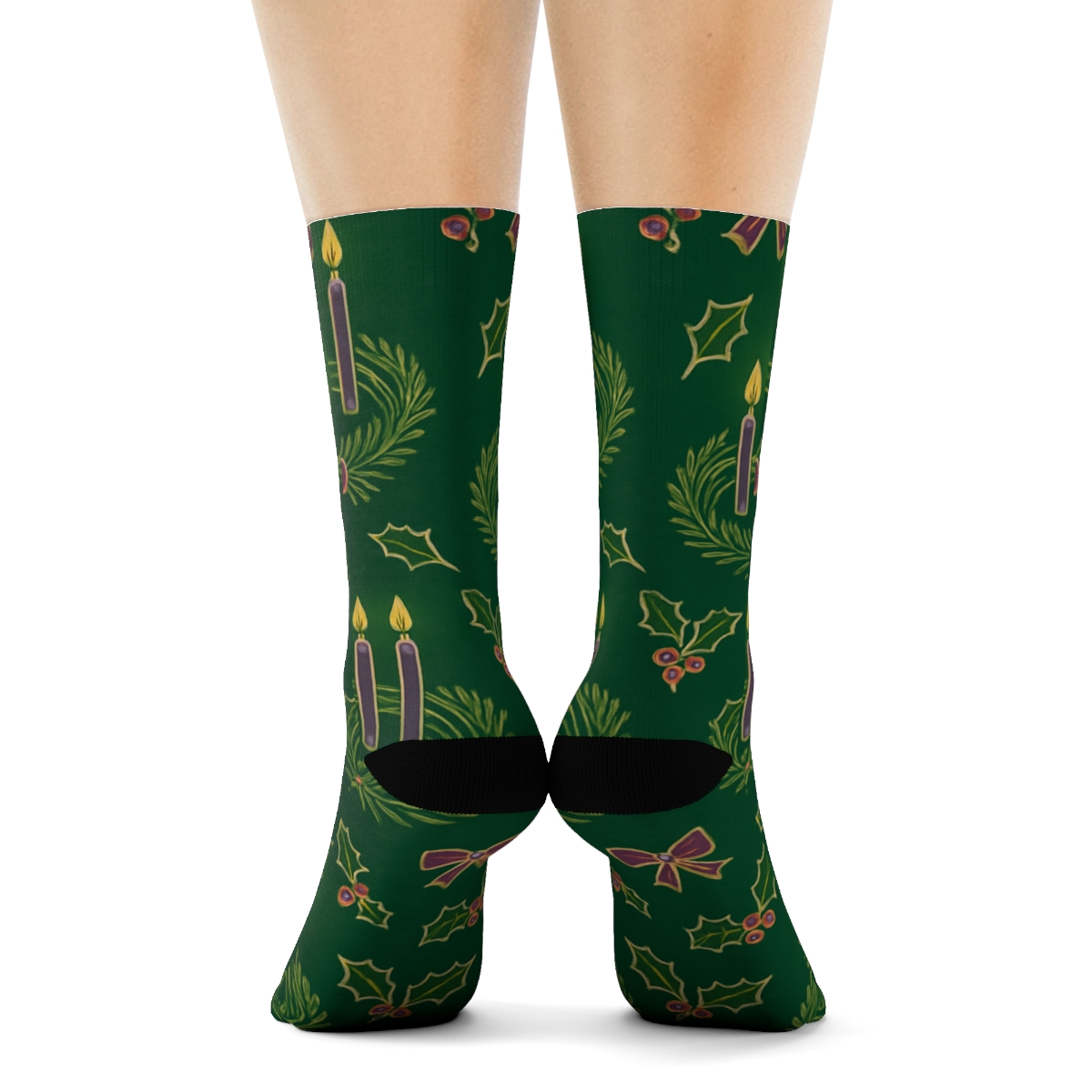 Advent Candles Wreath Lattice On Deep Evergreen Ground comfortable cotton crew socks