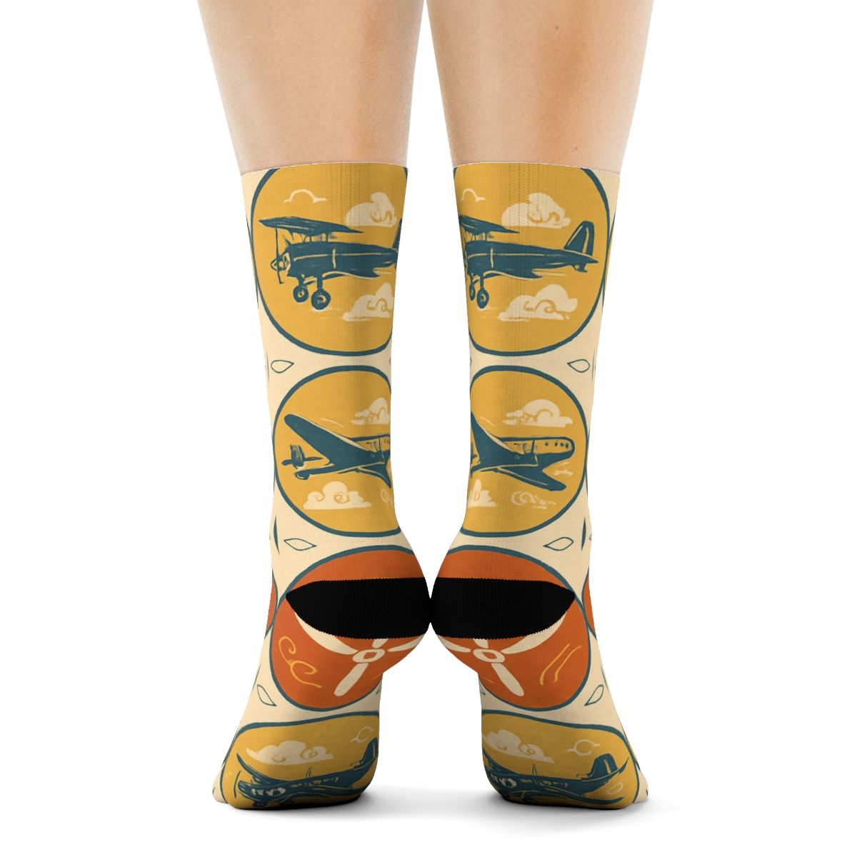 Vintage Poster Airplane Medallions In Sunset Grid unique graphic crew socks