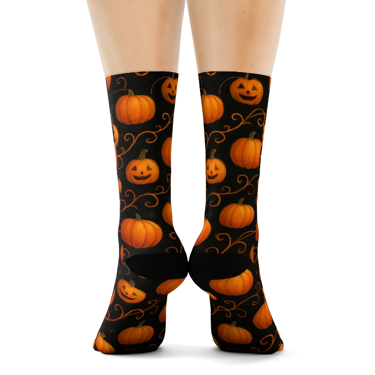 Orange Pumpkin Patch Diagonal Scatter On Black Background premium sports crew socks