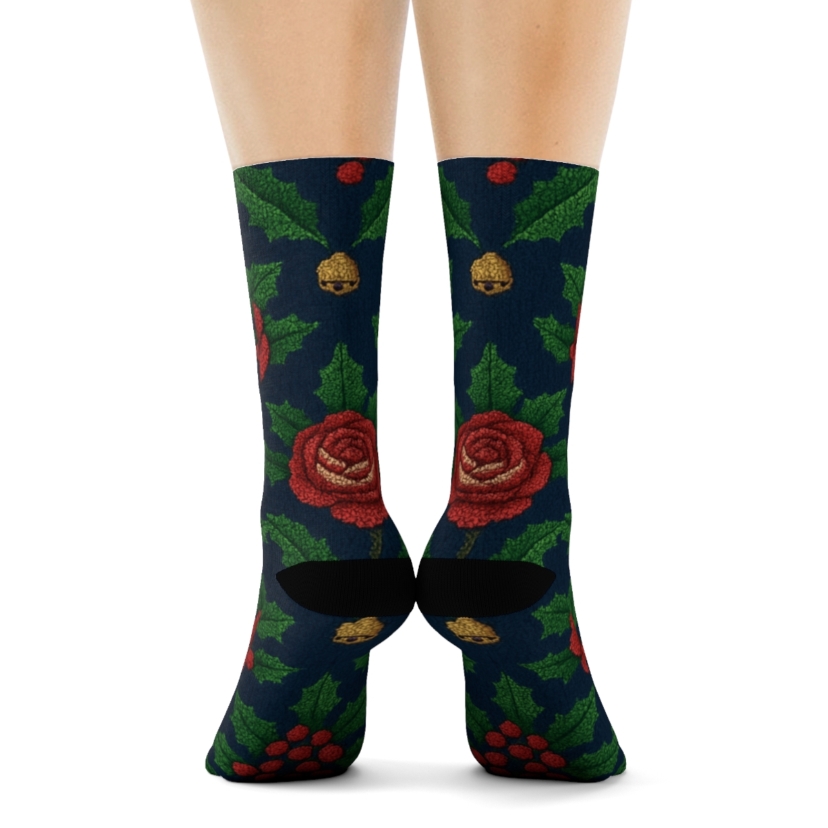 Embroidered Holly Rose Lattice On Navy Background stylish athletic crew socks