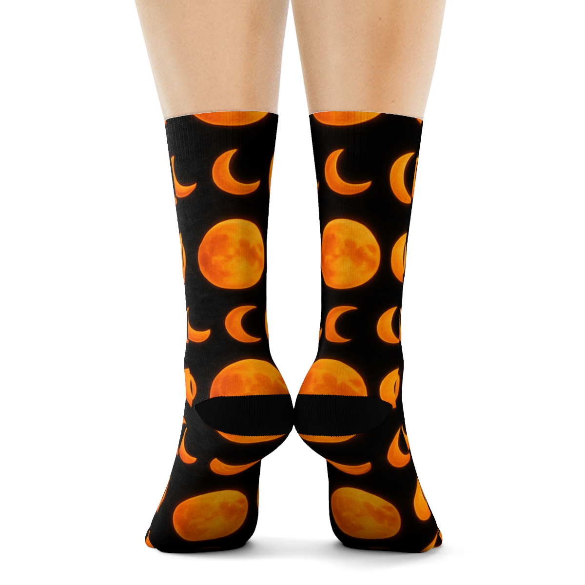 Orange Moon Glow Phases And Pumpkin Crescents On Black Background premium sports crew socks