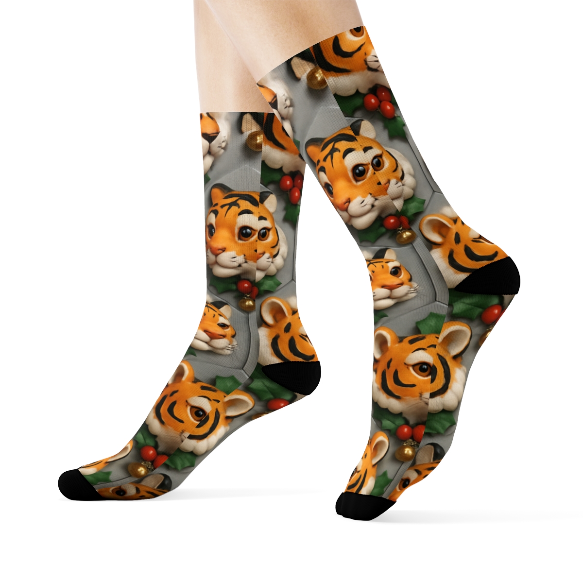 Holly Collar Tiger Tessellation On Silver Gray Background custom crew socks