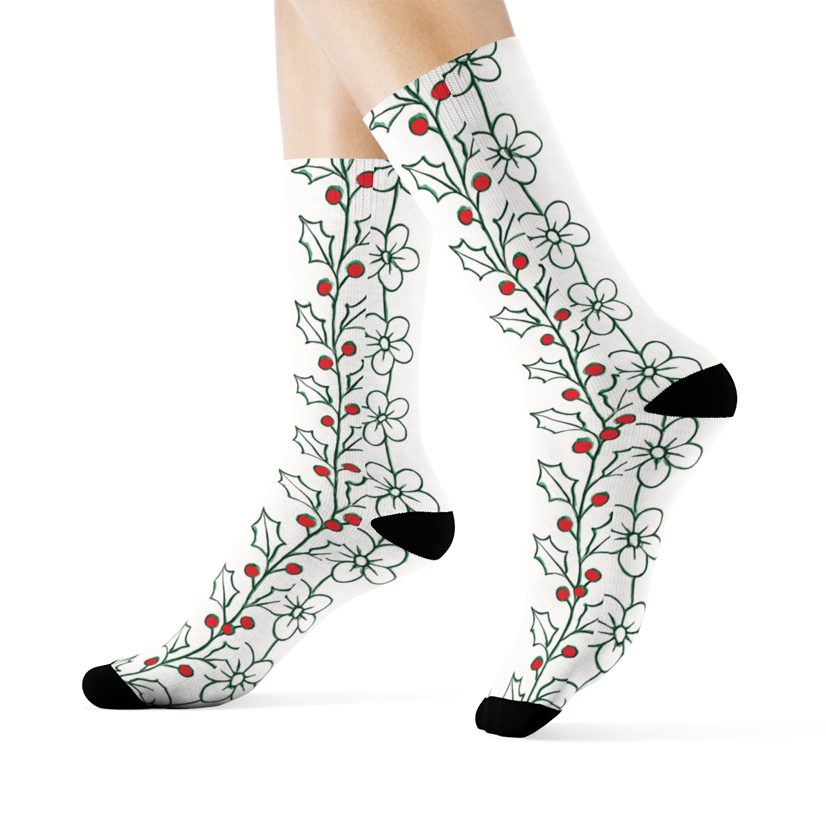 Evergreen Holly Garland Stripe trendy patterned crew socks