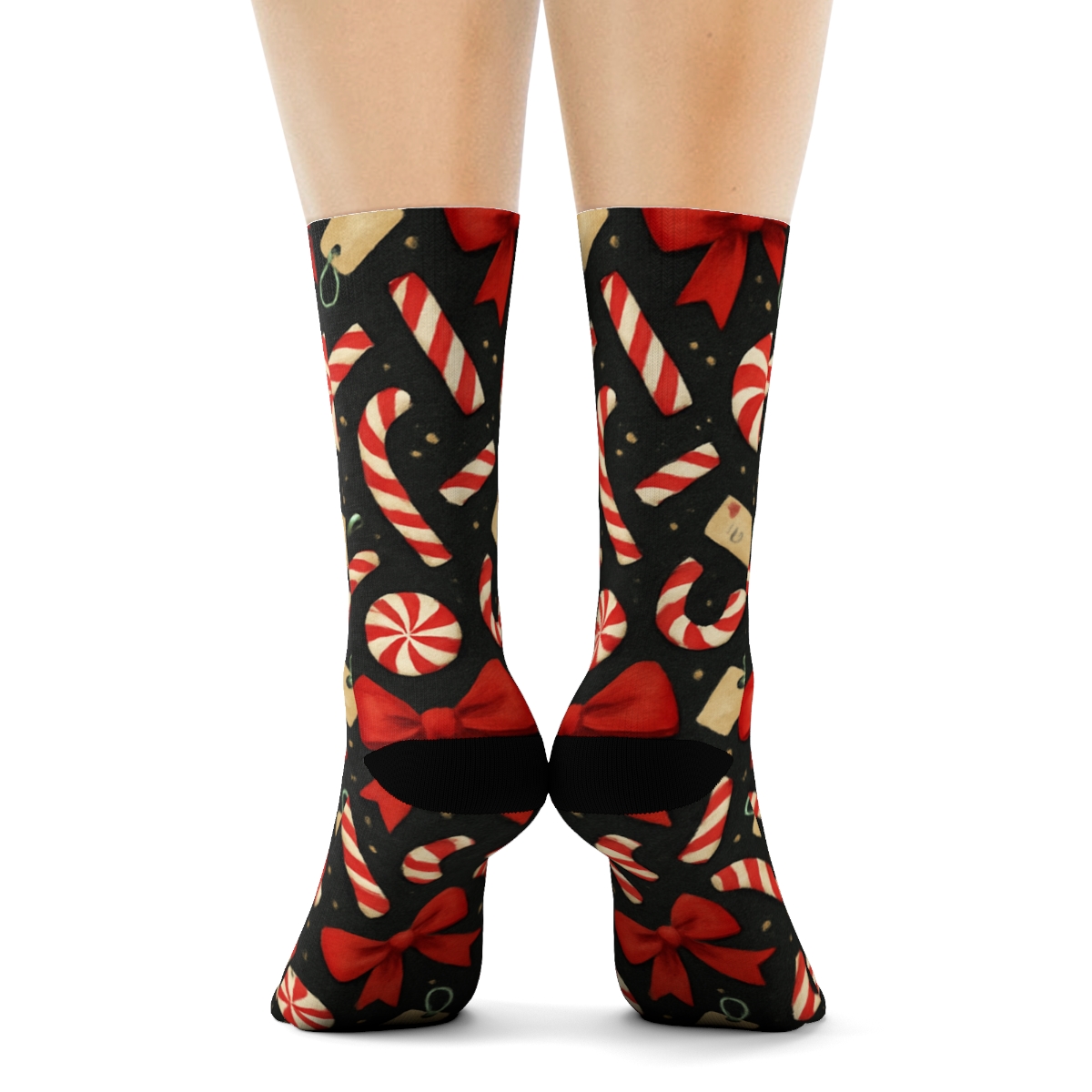 Candy Canes Confetti Collage On Charcoal custom crew socks